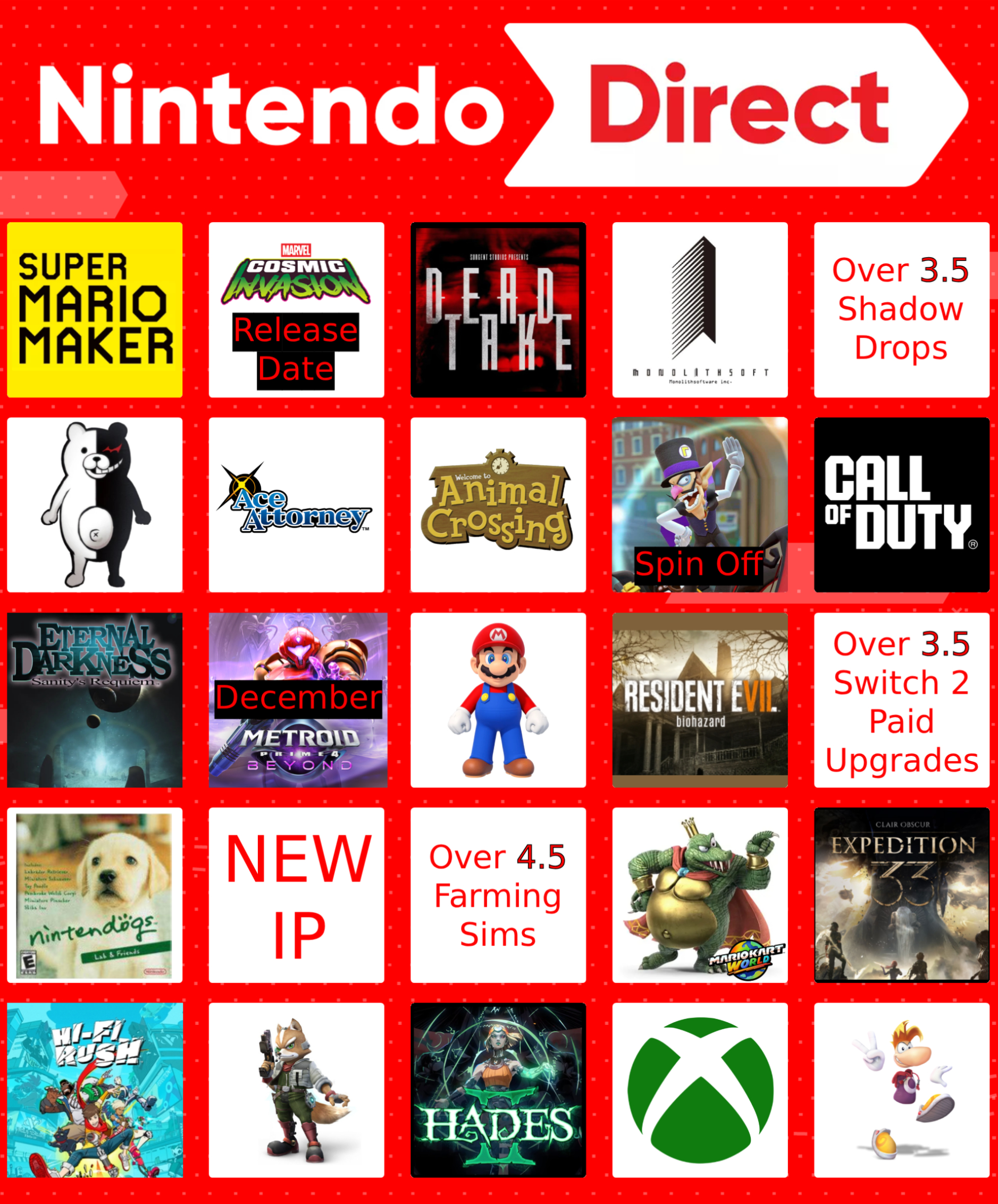 Nintendo Direct: September 2025 Bingo